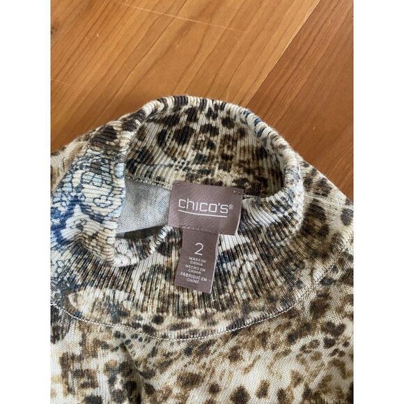 Chico’s Knit Top Sweater Leopard Animal Print Paisley 2 / Large Cream Brown - Picture 8 of 9